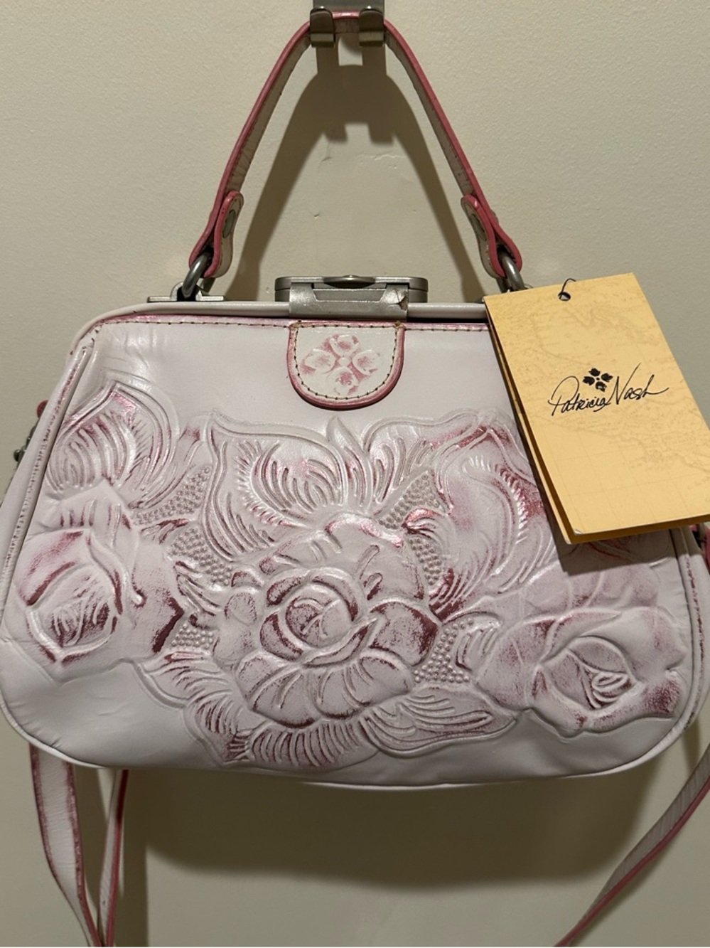 Patricia Nash White and Pink Floral-Embossed Leather Satchel or Crossbody - NWT